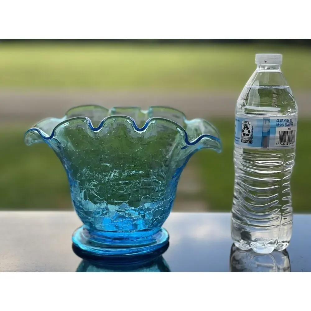 Vintage Bischoff Crackle‎ Ruffled Blown Glass Bowl Vase Blue MCM 5.5